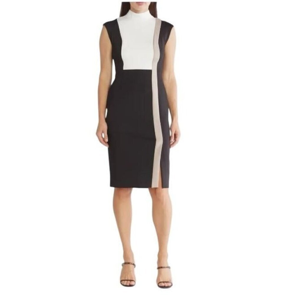 Calvin Klein Womens Black Cream Color Block Mock Scuba Sheath Dress Sz 12 New